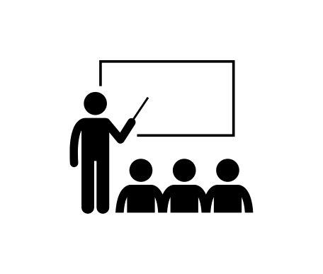 image showing a figure pointing to a blank whiteboard with 3 people observing