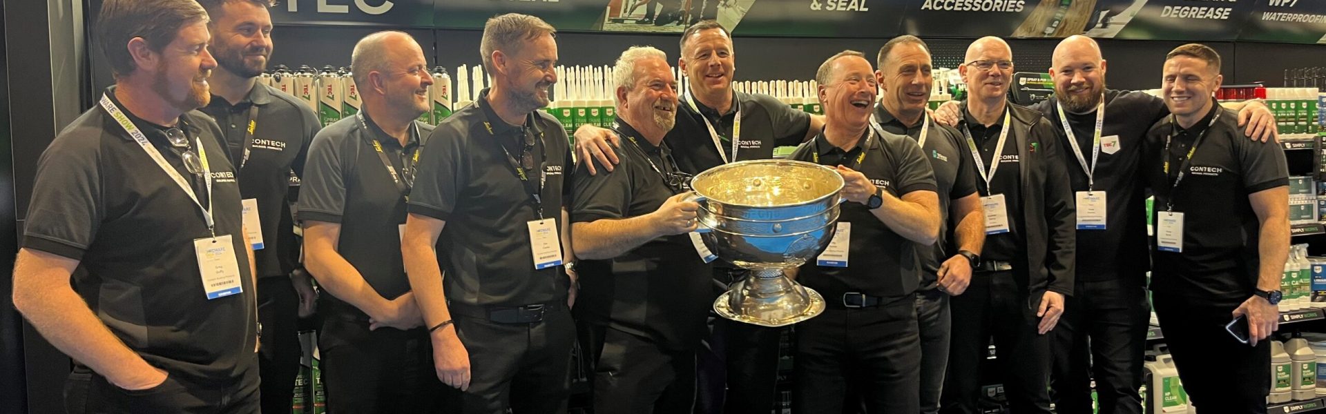 The Contech team holding the Sam Maguire trophy at the Hardware Show 2024